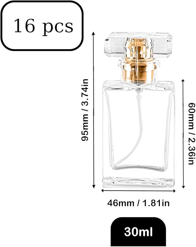 Empty Refillable 16PCS 30ml Glass Clear Travel Perfume Spray Atomizer Container With Fine Mist Pump Dispenser (Square)