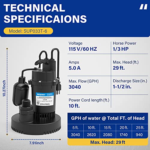 1/3HP Submersible Sump Pump 3040GPH Clean/Dirty Water Pump - Image 3