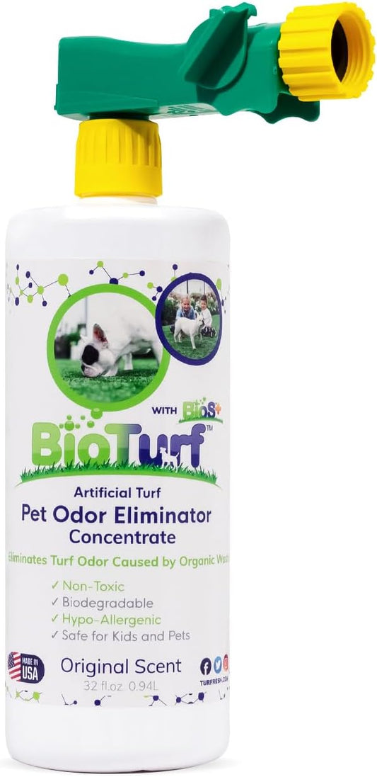 BioS+ Odor Eliminator Concentrate - Artificial Turf Cleaner for Dog Urine & Feces - Outdoor Yard Deodorizer Enzyme Odor Eliminator for Fake Grass, Patios, Kennels & Gravel - 32 oz Bottle