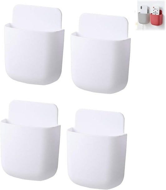 4-Pack Adhesive Wall Organizer, Multipurpose Stick-on Storage Box for Remote Phone Pen Keys, for Kitchen Bathroom Office (4 Colors) (White)