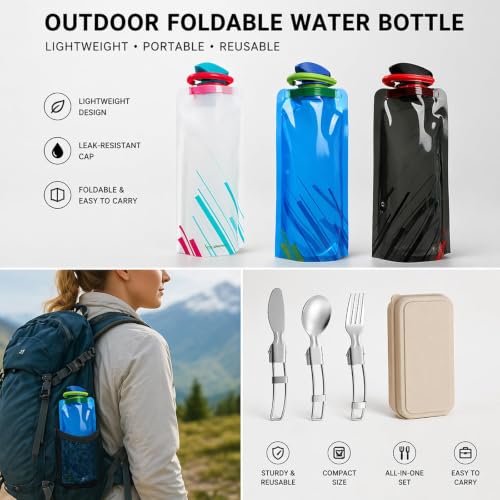 Collapsible Water Bottles 6 Pack with Folding Cutlery Set - Image 4
