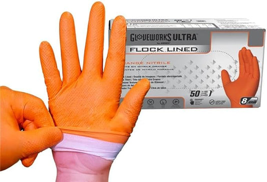 GLOVEWORKS Industrial Orange Disposable Gloves, Flock-Lined Nitrile Gloves, Raised Diamond Textured Grip, 8 mil