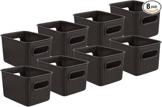 Superio Decorative Plastic Basket Open Home Storage Bins Organizer Baskets, Small, Brown (8 Pack) Container Boxes for Organizing Closet Storage Bins for Shelves Drawer Shelf, 1.5 Liter