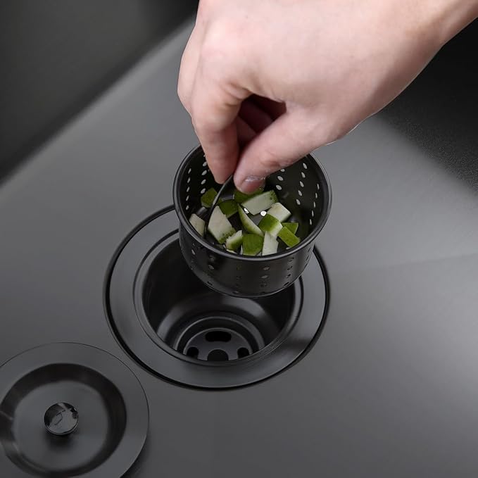 POPFLY 3-1/2 Inch Sink Drain Assembly Brushed 304 Stainless Steel Removable Deep Strainer Basket, Rust-Proof & Easy Install with Sealing Lid＆Tailpiece, for Home/Bathroom/Commercial Sinks, Black