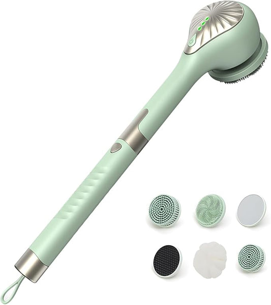 Electric Body Brush Back Scrubber for Shower, Waterproof Long Handle Power Body Scrubber with 6 Heads, Rechargeable Bath Brush & 3 Speeds, for Cleansing, Exfoliating and Massaging Skin (Green)