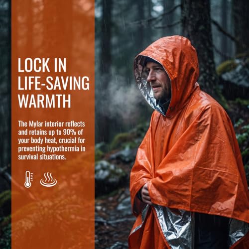 Camping Emergency Poncho for Hiking Survival (Orange, 4P - Image 6