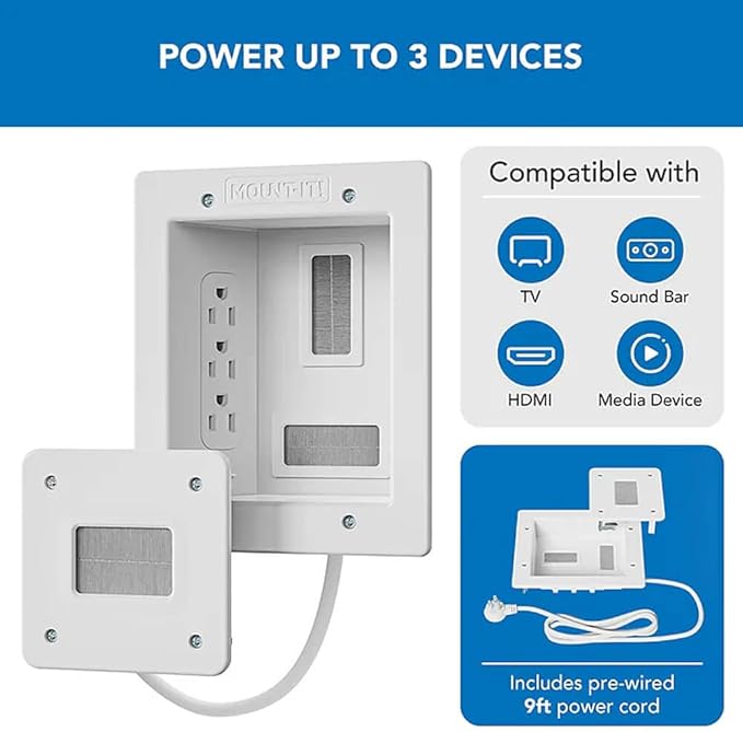 Mount-It! in-Wall TV Cable Concealer Kit with Recessed Power – Triple Outlet, 9ft Cord, and Hand Saw – Easy, Safe Cable Management for Organized TV and Home Theater Setups