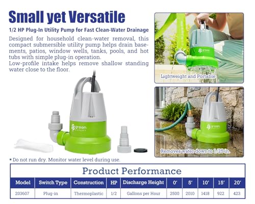 Green Expert 1/2 HP Submersible Utility Pump, 2500 GPH - Image 5