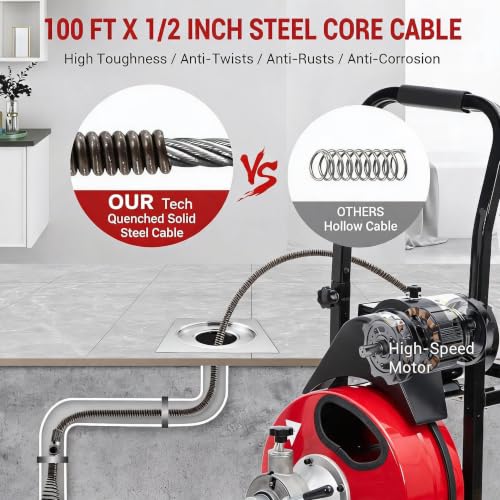 Electric Drain Cleaner Machine, 100FT x 1/2IN Steel Core - Image 8