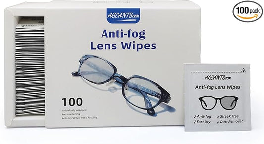 Anti Fog Wipes for Glasses(100-pack), Individually Wrapped, Pre-Moistened, Quick-Dry, Streak-Free Anti Fog Lens Wipes for Eyeglass, Goggles, Phone, Camera Lens,Laptop Screens