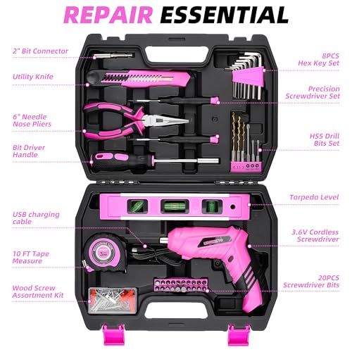 123 Piece Pink Household Tool Set with 3.6V USB Electric | Hand Tools - Image 3