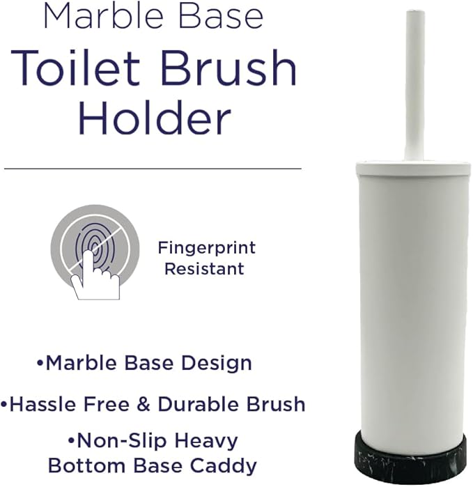 Toilet Bowl Cleaning Brush and Holder with Lid, Marble Base, 304 Stainless-Steel, Fingerprint-Proof, Rust Resistant, Heavy-Weight Base (1 Pack, White W/Black Marble)