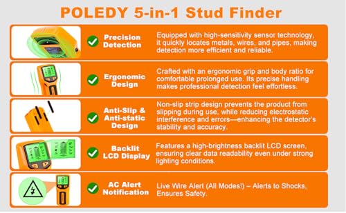 5 in 1 Stud Finder, Poledy Stud Detector - Precisely | Home Repair - Image 5