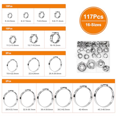 117PCS Sieqioor 16 Sizes Single Ear Hose Clamps,5.3-48.5mm(0.21–1 - Image 3