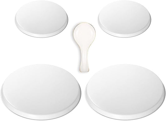 4 Pcs 8" 10" Electric Stove Burner Covers 1 Pcs 3.8" x 8.7" Ceramic Spoon Rest Stainless Steel Stove Top Covers for Gas Burners Spoon Holder for Winter Kitchen Coffee Bar Accessories(White Cover)