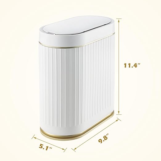 ELPHECO Bathroom Trash Can with Lid 2 Gallon Motion Sensor Garbage Can 7.5 Liter Small Trash can Touchless Bathroom Decor Waterproof Smart Waste Bin with Stripes for Bedroom, Office (White-Golden)