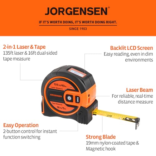 JORGENSEN 2-in-1 Laser Tape Measure, 135Ft Measuring Laser &16Ft - Image 3