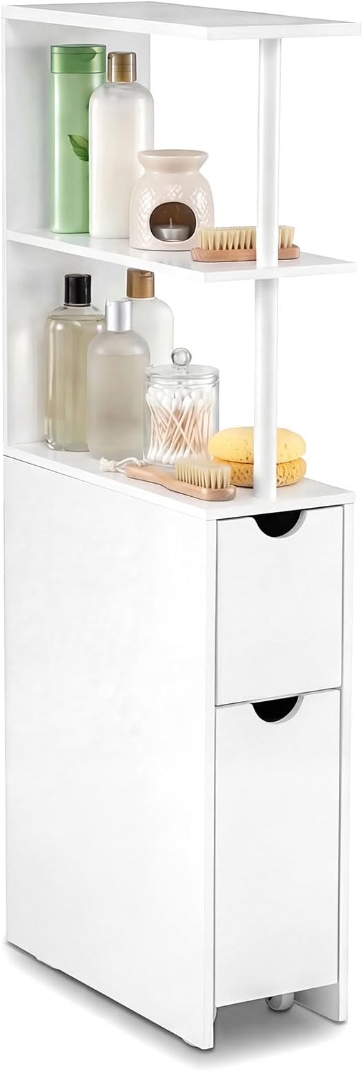 Giantex Slim Storage Cabinet, Narrow Freestanding Bathroom Organizer with Open Shelves, Pull-Out Drawer and Slide-Out Cart, Space-Saving Wooden Floor Cabinet for Entryway, Living Room and Kitchen