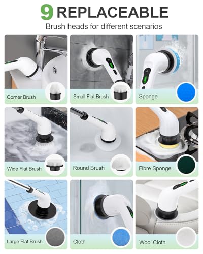 Cordless Electric Spin Scrubber, 9 Brush Heads, 2-Speed Motor - Image 5