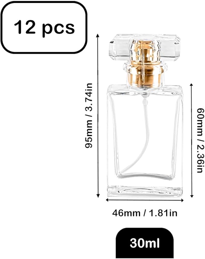 Glass Perfume Bottle Empty Refillable 12Pack Clear Travel Perfume Spray Atomizer Bottle 30ml Perfume Fine Mist Spray Perfume Bottle Atomizer Container with Sprayer Applicator (Clear Square 30ml 12PCS)