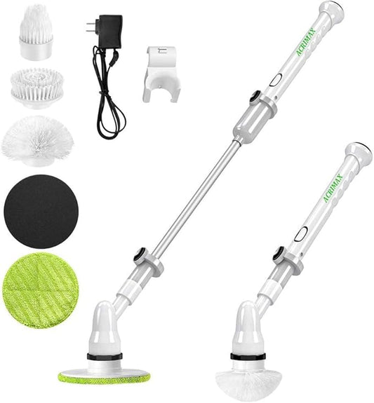 Electric Spin Scrubber, Cordless Floor Scrubber with 5 Replaceable Cleaning Brush Heads and Extension Handle for Tub, Tile, Shower, Kitchen
