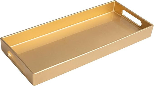 MAONAME Gold Vanity Tray, Plastic Decorative Tray, Rectangular Trays with Handles, Narrow Bathroom Trays for Toilet Tank, 13.8" X 6" X 1.57"