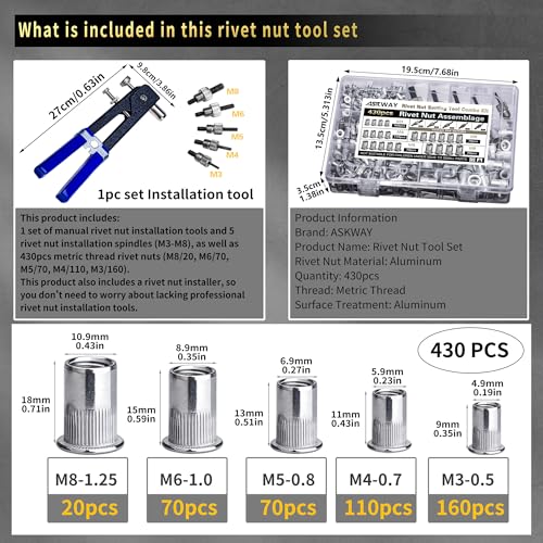 Pressure Rivet Nut Tool Kit, 430Pcs Aluminum Rivet Nut - Image 3