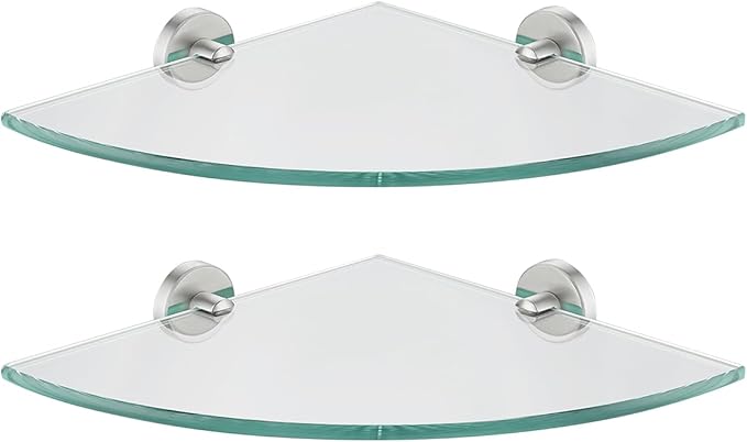 JQK Corner Glass Shelf, Brushed Steel Bathroom 304 Stainless Steel Shower Triangle Floating Wall Shelf, 10 x 10 Tempered Glass, 2 Pack, TGS190L10-BN-P2