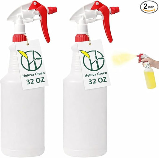 Heavy Duty 32oz Plastic Spray Bottles for Cleaning - Large Empty Industrial Bottles for Gardening Solutions, Vinegar, Chemicals, Professional Cleaners - Adjustable Sprayer Nozzle - Red 2 Pack