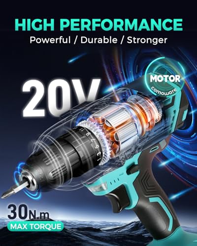 COMOWARE 20V Cordless Drill & Bits Set w/Charger, Battery - Image 3