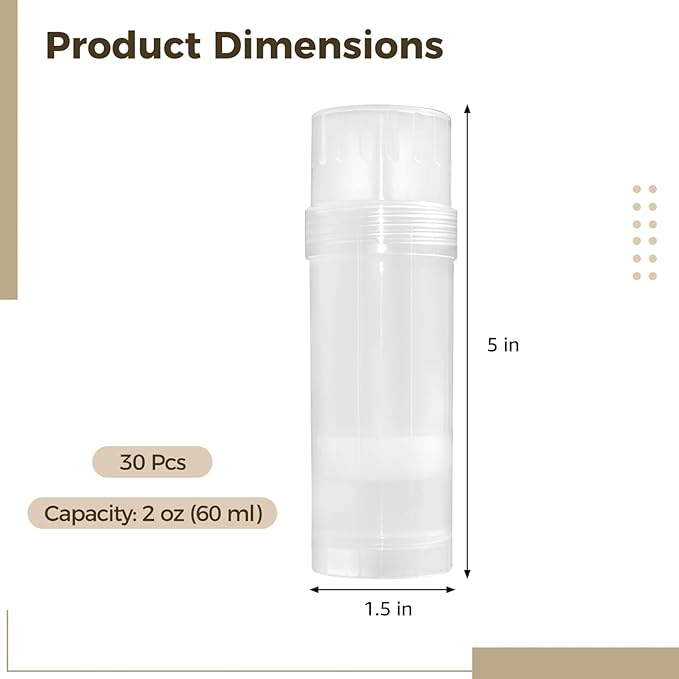 30 PCS Empty Deodorant Containers, 2 oz Refillable Semi-Transparent Plastic Stick Tubes, 60 ml Twist-up Filling Bottles for DIY Sunscreen, Balm, Lotion Bar