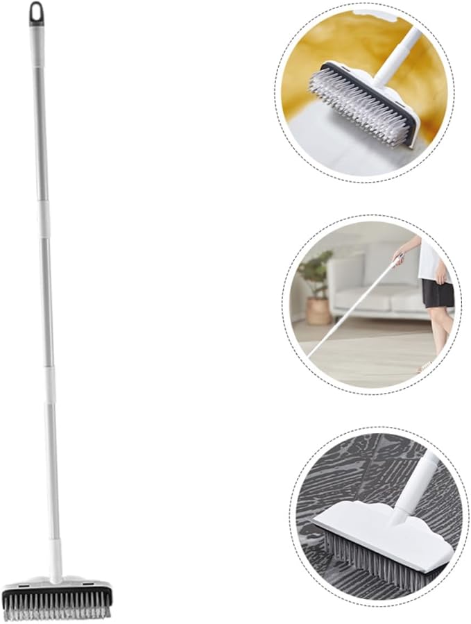 Long Handle Floor Scrub Brush with Squeegee Heavy Duty Tile Scrubber for Bathroom and Household Floor Cleaning Ergonomic Water Removal Tool