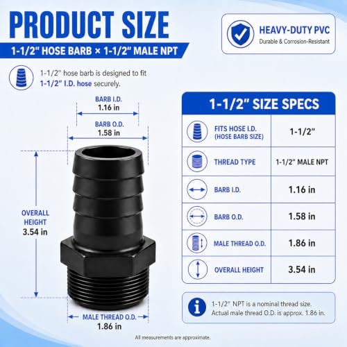 1-1/2" Hose Barb to 1-1/2" Male NPT, PVC Pool Hose Adapter，Barbed - Image 3