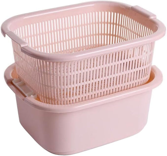 BESTonZON Double Layer Draining Basket with Fast Drain Holes Plastic Colander for Vegetable and Fruit Washing and Kitchen Food Prep 5.91 X 10.24 X 5.91 Inches