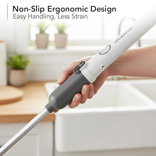 OVENTE Electric Spin Scrubber, Cordless Power Scrubber with 3 Brush Head, Adjustable Extension Handle, Waterproof Perfect for Cleaning Toilet, Shower, Bathroom Tub and Tile Floor, White CTB123WGY