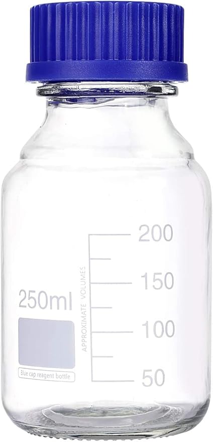 Lab Media Storage Round Bottles Graduated Glass Container GL45 Screw Cap Leakproof Multi-Purpose for Scientific | pack of 10 (Blue,250ml)