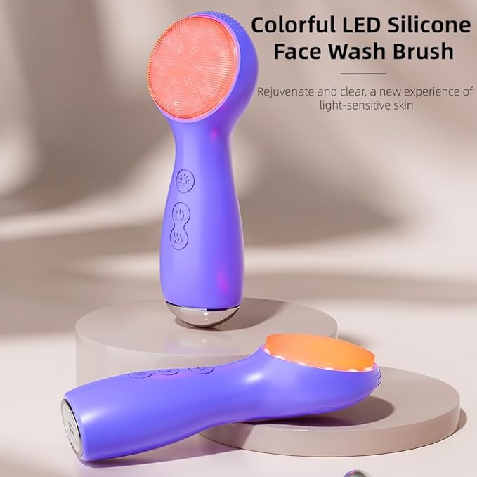 Facial Cleansing Brush Electric, Silicone Heated Face Scrubber with 7 LED Lights, Rechargeable Vibration Exfoliating Cleanser for Deep Cleaning & Gentle Massage, Skin Care Tool, Ideal Gift (Purple)