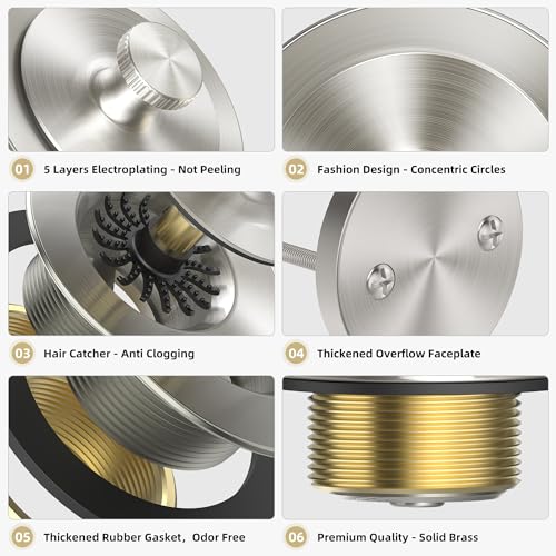 Brushed Nickel Bathtub Drain, Hair Catcher and 2-Hole - Image 6
