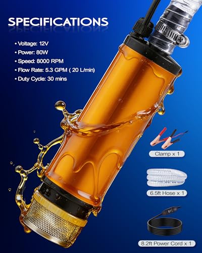 12V 80W Submersible Water Transfer Pump, 5.3GPM High Flow Diesel - Image 4