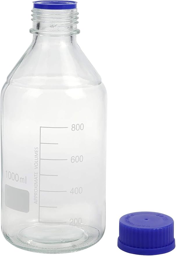 Lab Media Storage Round Bottles Graduated Glass Container GL45 Screw Cap Leakproof Multi-Purpose for Scientific | pack of 4 (Blue,1000ml)