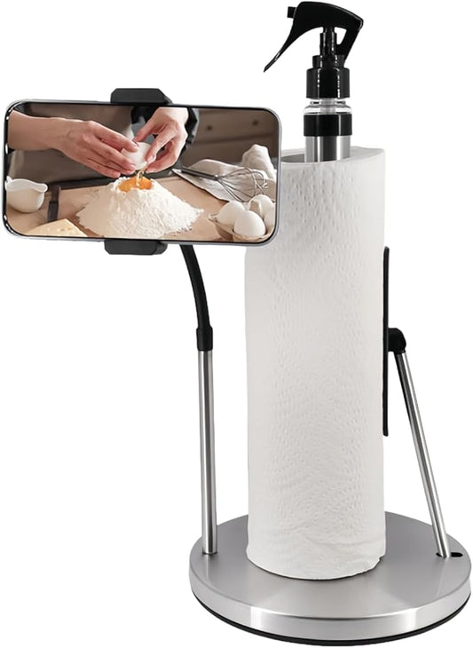 Paper Towel Holder with Phone Stand,Heavy-Duty Countertop Kitchen Paper Towel Holder with Spray Bottle,3 in 1 Stainless Steel One-Handed Tear Kitchen Towel Dispenser for Countertop，Black