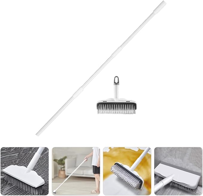 Floor Scrub Brush with Squeegee Long Handle Hard Bristles 2-in-1 Bathroom and Tile Cleaning Scrubbing Brush for Shower and Floor Maintenance