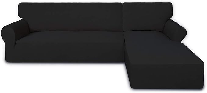 PureFit Super Stretch Sectional Couch Covers - 2 pcs Spandex Non Slip Sofa Covers with Elastic Bottom for L Shape Sectional Sofa Couch, Great for Kids & Pets (3 Seat Sofa + 3 Seat Chaise, Black)