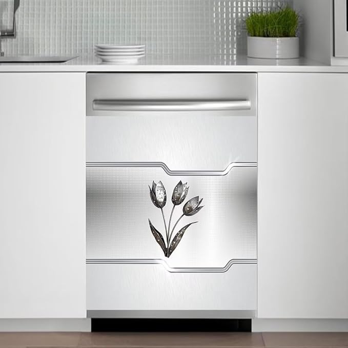 Silver Stainless Steel Effect Dishwasher Magnetic Cover Personalized Metal Flowers Universal Panel Decal for Refrigerator Magnet 23 x 26 Inch Home Kitchen Fridge Magnets