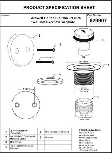 Tip-Toe Tub Trim Set with Two-Hole Overflow Faceplate - Image 7