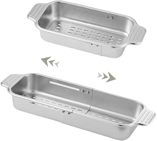 Extendable Over the Sink Colander Strainer Basket, Stainless Steel Retractable Kitchen Sink Basket - Wash Vegetables, Fruits, Drain Pasta and Dry Dishes (L)