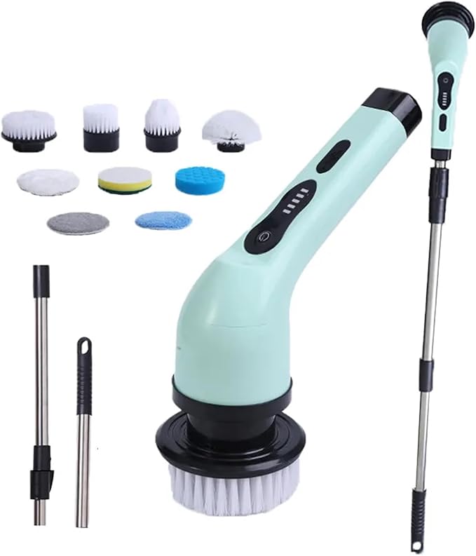 Cordless Electric Spin Scrubber, 360 Rotating Handheld Bathroom Scrubber with 9 Replaceable Cleaning Brush Heads 90Mins Work Time for Cleaning Kitchen,Tile,Tub Floor,Sink,Window,Stove(Green)