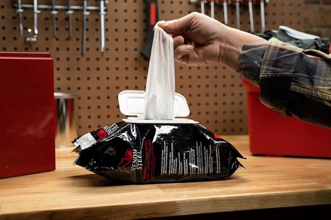 Venom Steel Workshop Wipes with Scrubbing Beads, for Grease, Grime, Oil, Paint and Caulk, Safe on Hands, Tools, and Non Porous Surfaces, Light Citrus Scent, 8" x 12" Cloths, 60 Wipes (Pack of 8)