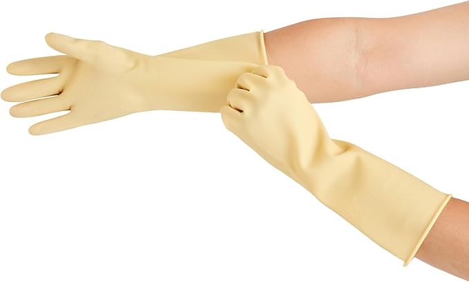 Restaurantware-Clean Tek Professional 22 Mil Medium Cleaning Gloves, 10 Pairs Of Long Cuff Gloves - No-Slip Grip, No-Powder, Yellow Latex Gloves For Kitchen Cleaning, Ideal For Washing Dishes