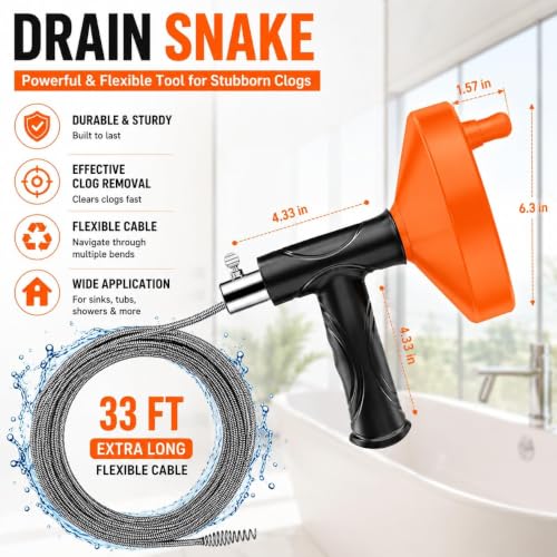 33 FT Drain Snake Auger, Plumbing Snake Drain Hair Clog - Image 3